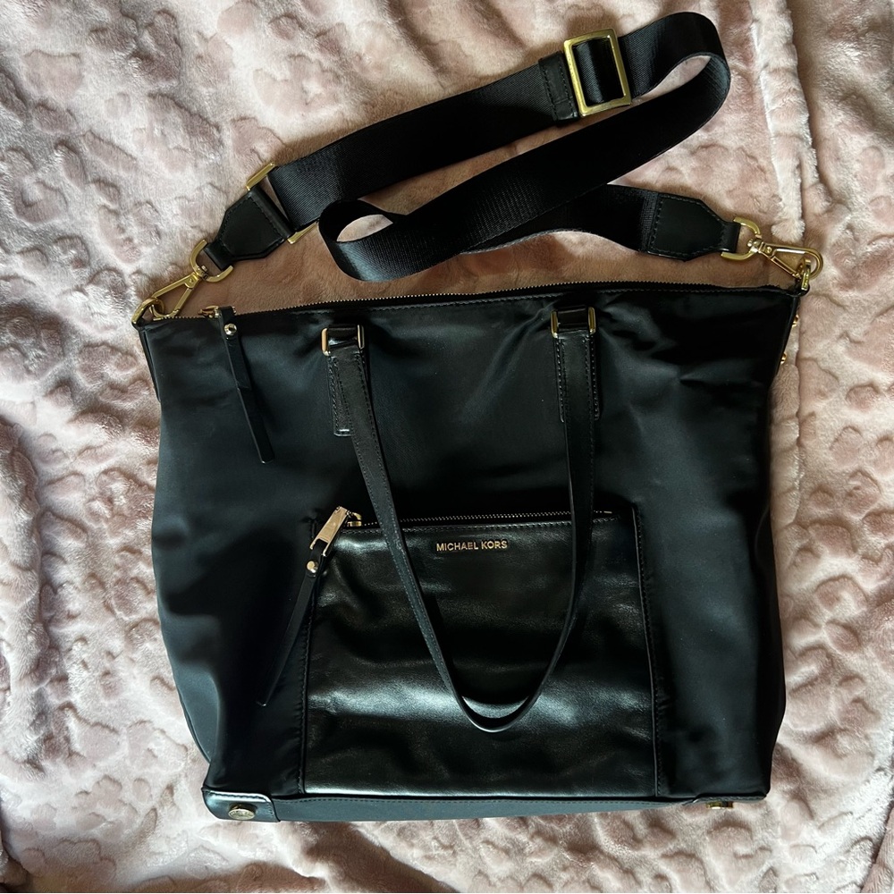 Michael Kors Nylon Leather Trim Tote Crossbody Bag Black